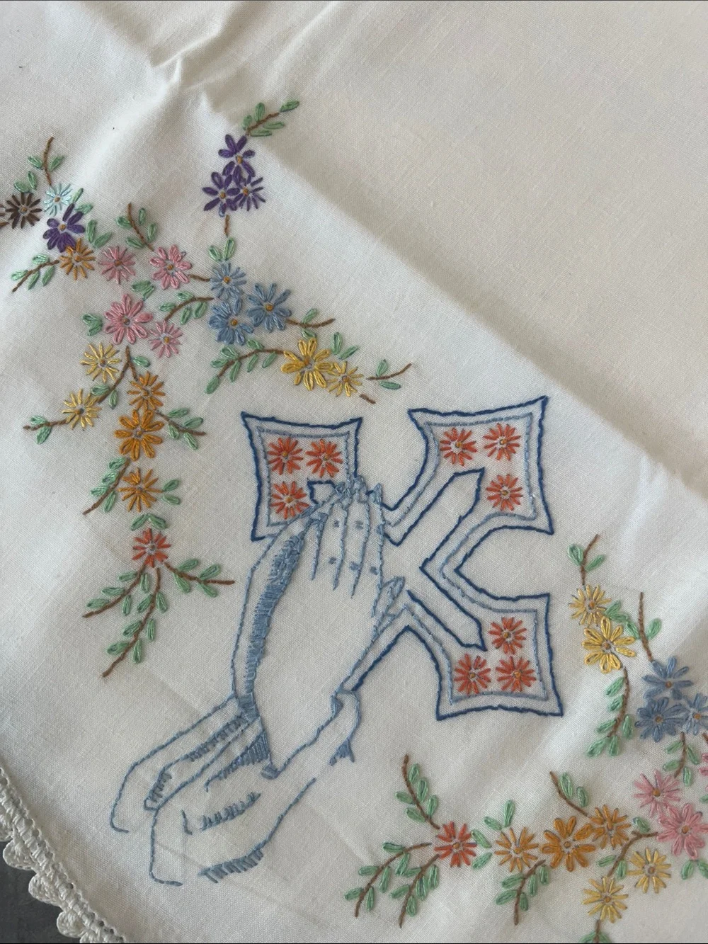 Embroidered praying hands Cross Pillowcase Set White with Pastel Floral Accents